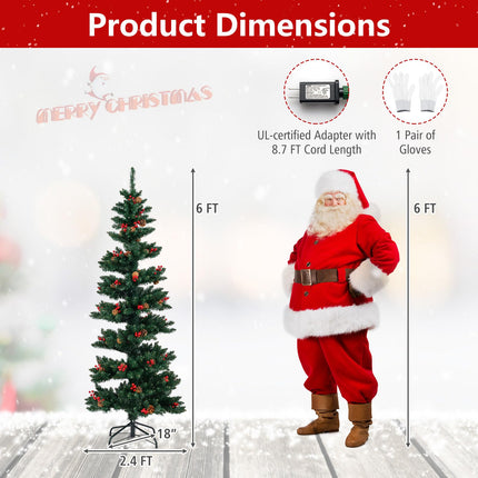 Dreamade 6FT / 7FT Pre-Lit Spiral Christmas Tree with Branch Tips Pine Cones Red Berries
