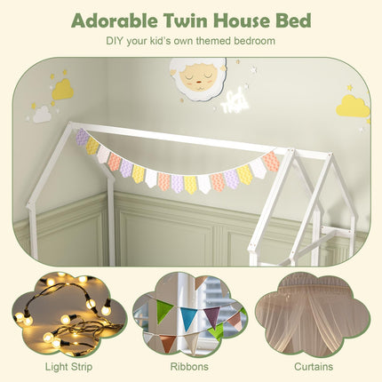 Dreamade Twin House Floor Bed, Solid Wood Montessori Floor Bed with Detachable Storage Shelf & Clothes Hanger