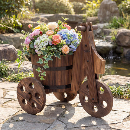 Dreamade Wooden Wagon Planter with Wheels Rustic Wood Plant Stand(Solid Wheel)