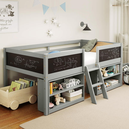 Dreamade Low Loft Bed Twin Size, Wooden Loft Bed with Ladder & Blackboard