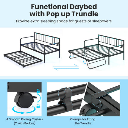 Dreamade Twin Daybed with Trundle, Metal Day Bed with Charging Station & LED Lights