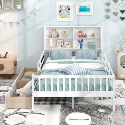 Dreamade Full/Twin Size 2 Storage Drawers, Solid Wood Kids Bed Frame w/Bookcase Headboard & Blackboard