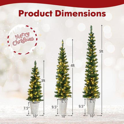 Dreamade 3' 4' 5' Pre-Lit Artificial Christmas Tree Set of 3, Slim Pencil Potted Xmas Tree with 423 Branch Tips, 230 Warm White LED Lights