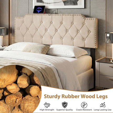 Dreamade Headboard for Queen and Full Size Bed | Rivet Tufted Upholstered Head Board w/ 2 AC Outlets