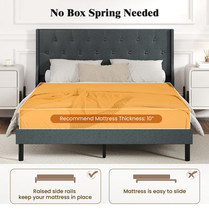 Dreamade Queen Size Upholstered Bed Frame Linen Fabric Platform Bed with Button Tufted Wingback Headboard