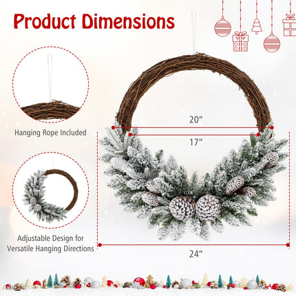 Dreamade 24” Pre-Lit Artificial Christmas Wreath, Snow Flocked Xmas Wreath with 35 Battery Operated Warm White LED Lights