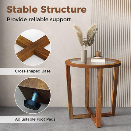 Dreamade Glass Round End Table, Sofa Side Table with Transparent Tempered Glass Top