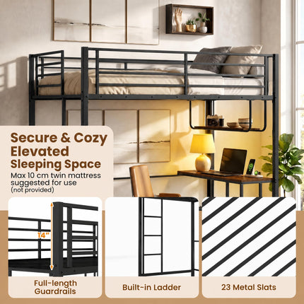 Dreamade Twin Loft Bed with Desk LED Lights & Charging Station