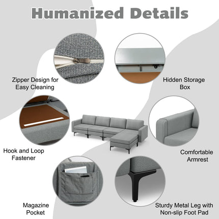 Dreamade 4 Seat Convertible Sofa Couch, 123" L Sectional Sleeper with 2 or 1 USB Ports Socket