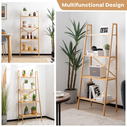 Dreamade 4-Tier Bamboo Bookshelf, Multifunctional Storage Display Rack Shelves with Anti-Tipping Device