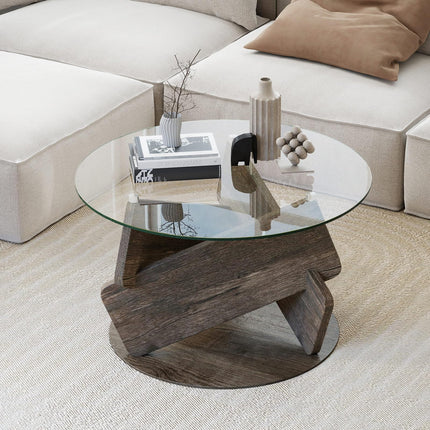 Dreamade 32inch Glass Round Coffee Table with Clear Tempered Glass Top Solid Wood Legs