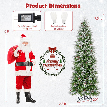 Dreamade 7.5 FT Pre-Lit Pencil Christmas Tree, Artificial Snow Flocked Hinged Fake Slim Xmas Tree with 350 Warm-White LED Lights