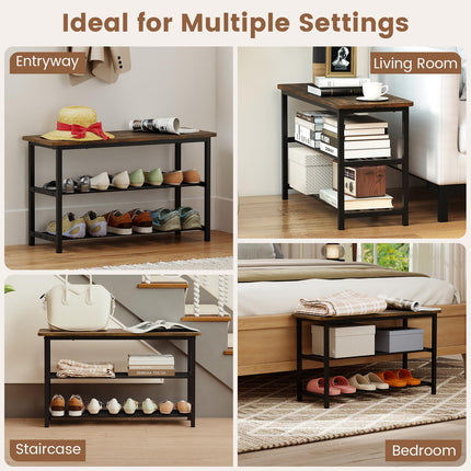 Dreamade 3-Tier Shoe Bench 32" L Shoe Organizer Storage Bench with Metal Slat Shelves & Seat