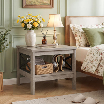 Dreamade 2-Tier Square End Table with Storage Shelf & X-Frame