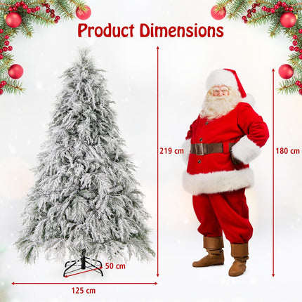 Dreamade 7ft Pre-Lit Snow Flocked Christmas Tree, Artificial Hinged Full Xmas Tree with 743 PVC & Pine Needles
