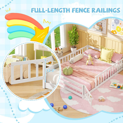 Dreamade Floor Bed with Door & Fence Kids Wood Montessori Beds with Safety Guardrails