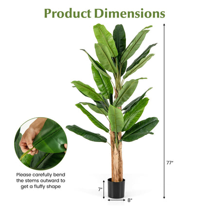 Dreamade 6.5 FT Tall Artificial Banana Tree, Fake Banana Tree w/ 27 Large Leaves, Triple Stalks, Natural Bark