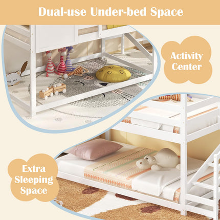 Dreamade Twin Bunk Beds with Stairs, Floor House Bed with Roof & Window