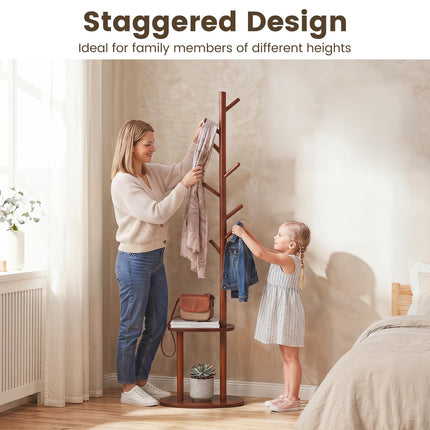 Dreamade 70" Solid Wood Clothing Rack with 8 Hooks and 2 Storage Shelves