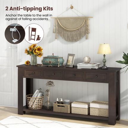 Dreamade 63" Farmhouse Entryway Table, Narrow Console Table w/ 4 Storage Drawers & Open Shelf