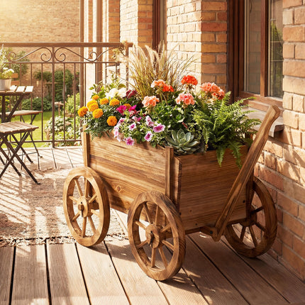 Dreamade Wood Wagon Planter Rustic Rolling Flower Pot Stand