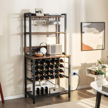 Dreamade Bakers Rack with Storage Hutch, Power Outlet & USB Port, Coffee Bar 24-Bottle Wine Rack & Glass Holder