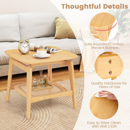 Dreamade Rattan Side Table, Boho End Table with Storage Shelf, 2-Tier Bedside Table for Small Spaces