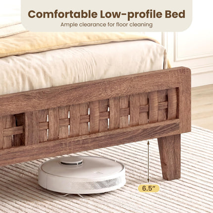 Dreamade Wood Bed Frame with Woven Headboard (Full/Twin/Queen)