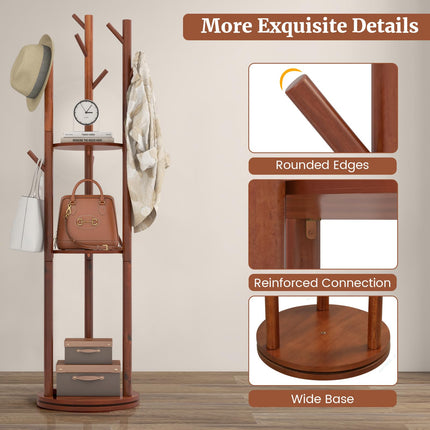 Dreamade Coat Rack Freestanding, Wooden Rotary Coat Tree w/ 3 Display Storage Shelves & 9 Hooks