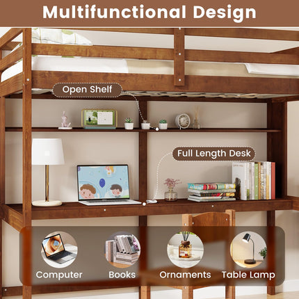 Dreamade Twin Loft Bed with Desk and Bookshelf, Wooden Bed Frame with Safety Guardrail & Ladder
