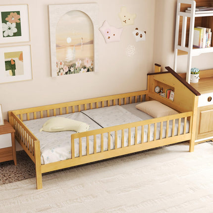 Dreamade Twin Bed Frames for Kids, Solid Wood Montessori Bed with House-Shaped Headboard & Built-in Storage Shelf