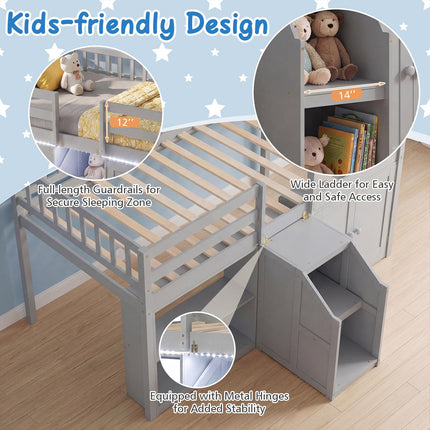 Dreamade Low Loft Bed Twin Size with LED Lights, Wooden Bed Frame