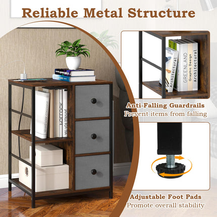 Dreamade Industrial Nightstand with Charging Station - End Side Table w/3 Fabric Drawers