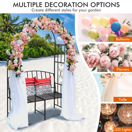 Dreamade 81in Metal Garden Arch with Bench, Outdoor Garden Arbor Archway Trellis for Climbing Plants Vines