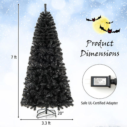 Dreamade 7 FT Artificial Halloween Tree, Pre-Lit Black Christmas Tree with Bendable Top Section