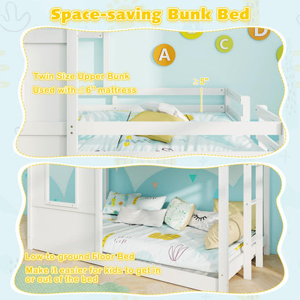 Dreamade House Bunk Bed Twin Over Twin, Solid Wood Floor Bunk Bed with Built in Ladder, Window & Safety Guardrail