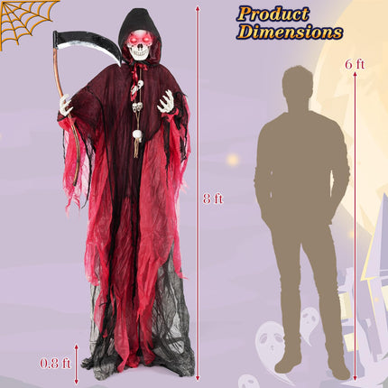Dreamade 8 Ft Halloween Animatronics, Sound & Touch Activated Grim Reaper with Sickle, Glowing LED Eyes & Scary Voices