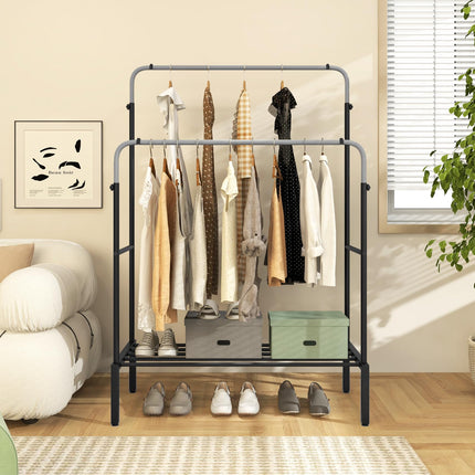 Dreamade Double Rods Garment Rack, 2 Heights Adjustable Clothing Rack, Heavy Duty Metal Frame Hanging Clothes Rack
