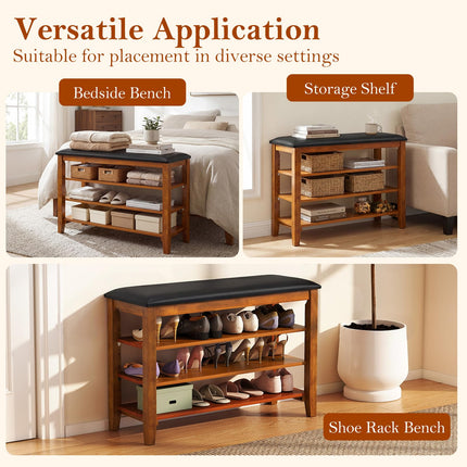 Dreamade 4-Tier Shoe Rack Bench | Rubber Wood Entryway Bench with Adjustable Shelves
