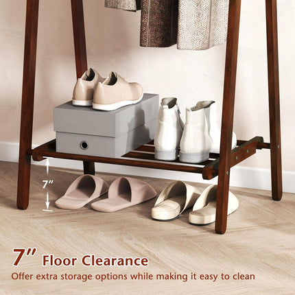 Dreamade Folding Rubber Wood Clothes Hanging Rack Standing Garment Rack with Bottom Storage Shelf