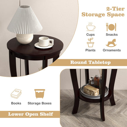 Dreamade Round End Table with Storage Shelf Set of 2, Retro Nightstand with Solid Wood Legs, 24.5" Accent Table for Small Spaces