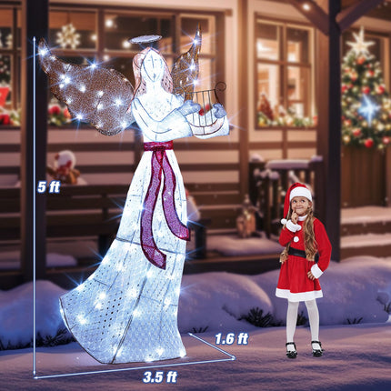 Dreamade 5 FT Christmas Lighted Angel, Pre-Lit Winged Holiday Figure Angel with 120 Cold White LED Lights