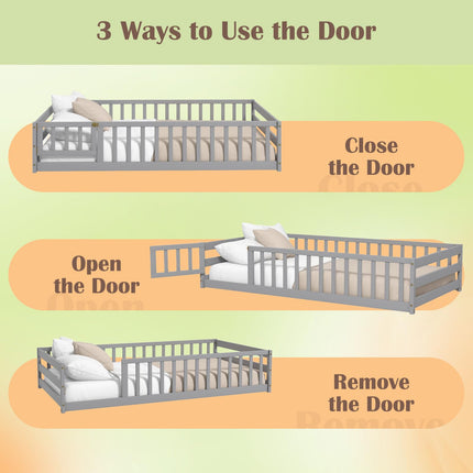 Dreamade Twin Floor Bed with Door & Fence, Kids Wood Montessori Bed with Safety Guardrails
