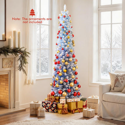 Dreamade 6FT / 7FT Blue Gradient Snow Flocked Christmas Tree with Warm White LED Lights