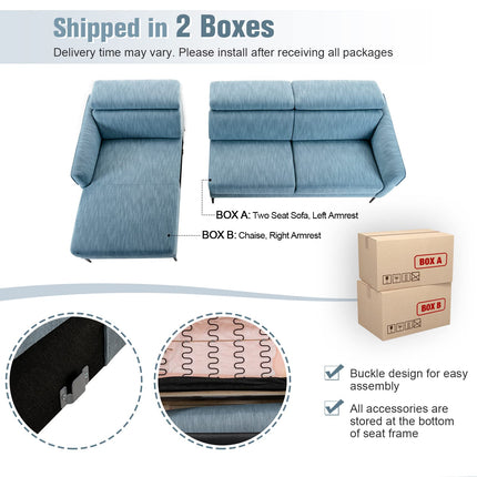 Dreamade L-Shaped Sofa Couch, 3-Seat Upholstered Sofa with Wide Chaise Lounge, Adjustable Headrest, Blue