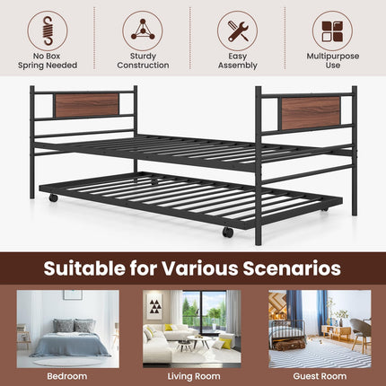 Dreamade Metal Daybed with Trundle, Twin Size Day Bed with Wood Grain Headboard & Metal Slat Support