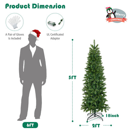 Dreamade 5ft Pre-Lit Pencil Christmas Tree, Hinged Artificial Slim Tree with 390 PVC PE Branch Tips