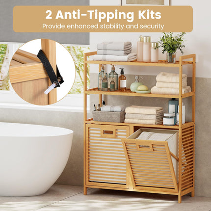 Dreamade Double Tilt Out 14 Gal Bamboo Laundry Hamper with 3-Tier Storage Shelf