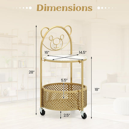 Dreamade Mobile Glass Coffee Table, 2-Tier Round End Table with Bear Pattern, Storage Basket, Metal Frame