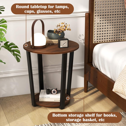 Dreamade Round End Table Set of 1/2, 2-Tier Side Sofa Table with Open Storage Shelf and Metal Frame